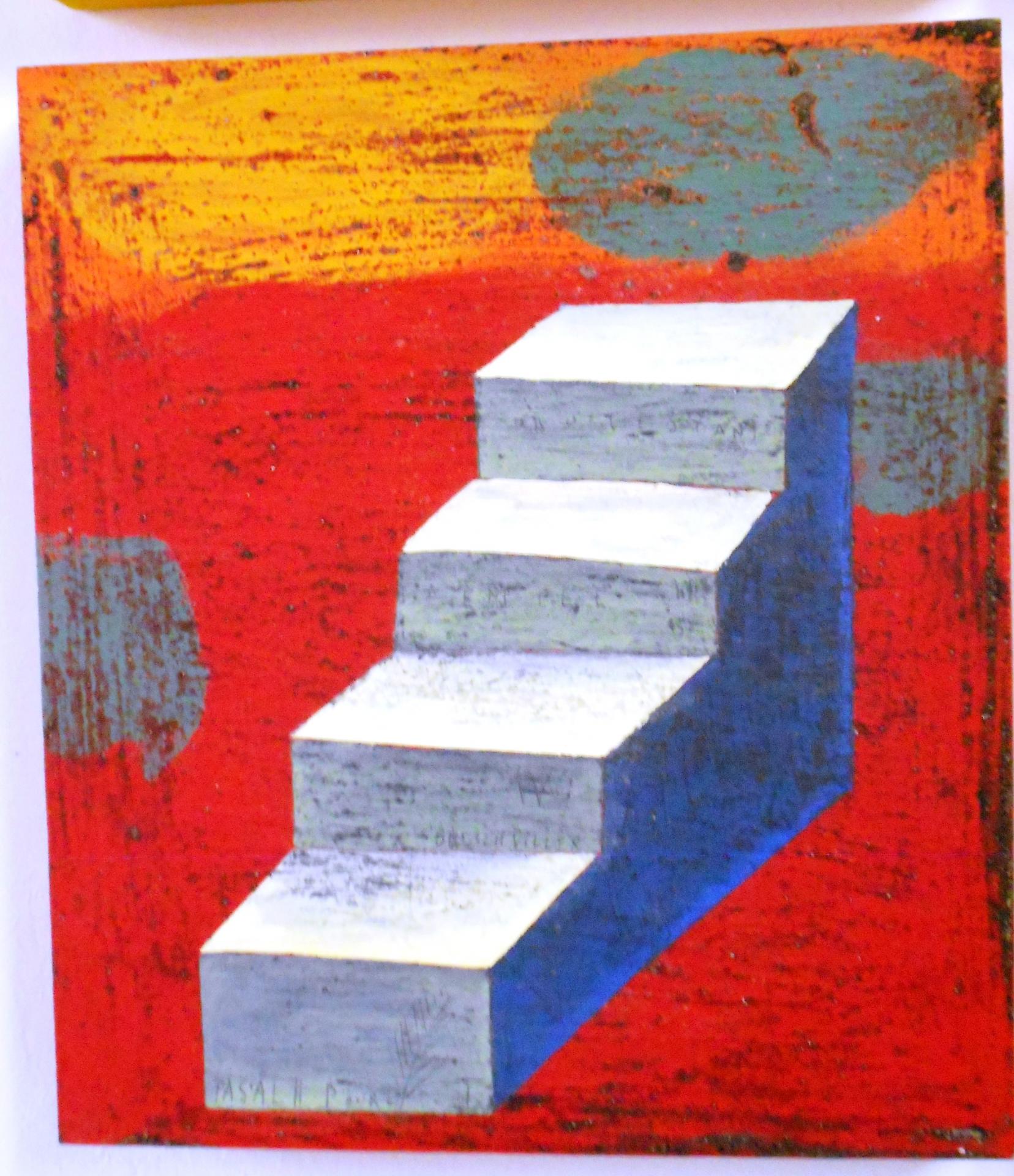 Escalier bleu fond rouge